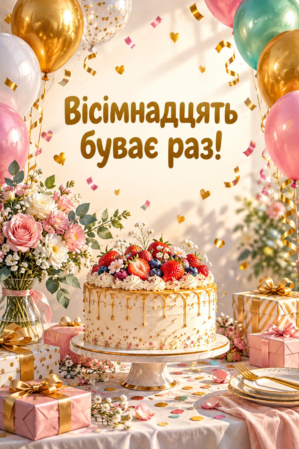 Листівка з 18-річчям: конфеті й кульки над святковим столом із тортом, напис «Вісімнадцять буває раз!»