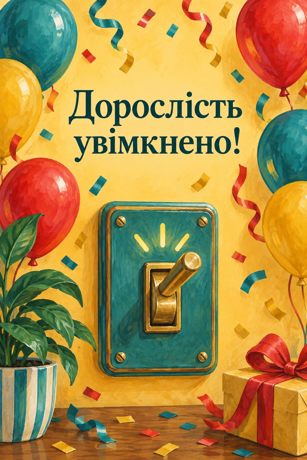 Листівка з 18-річчям: великий ретро-вимикач на стіні серед кульок і конфеті, напис «Дорослість увімкнено!»