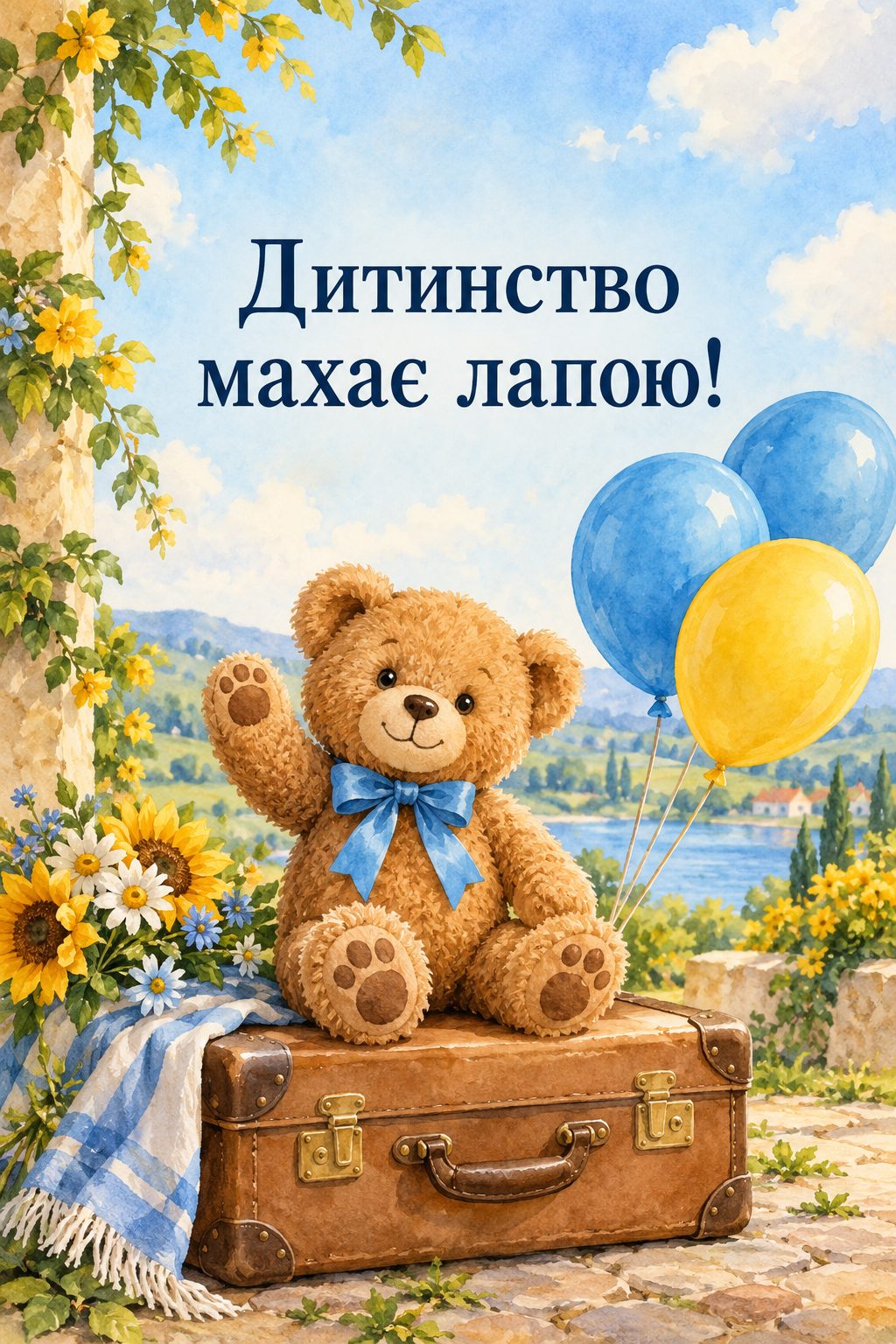 Листівка з 18-річчям: плюшевий ведмедик махає лапою, сидячи на валізі біля кульок, напис «Дитинство махає лапою!»