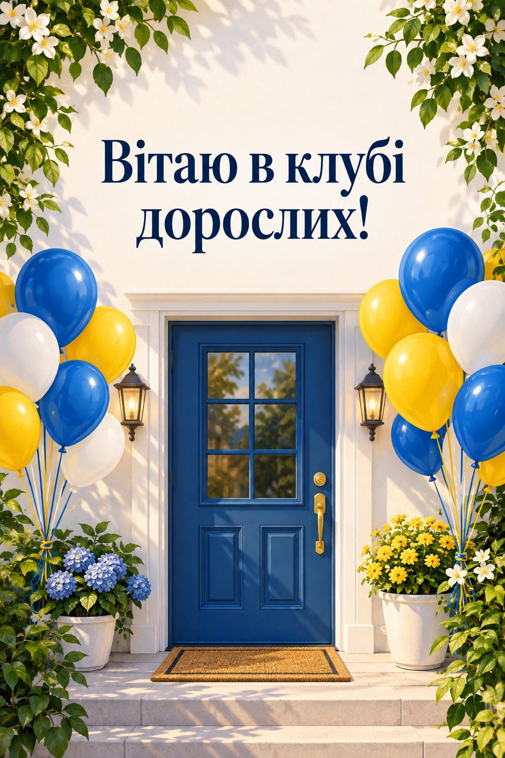 Листівка з 18-річчям: вхідні двері з килимком і в'язкою кульок, напис «Вітаю в клубі дорослих!»