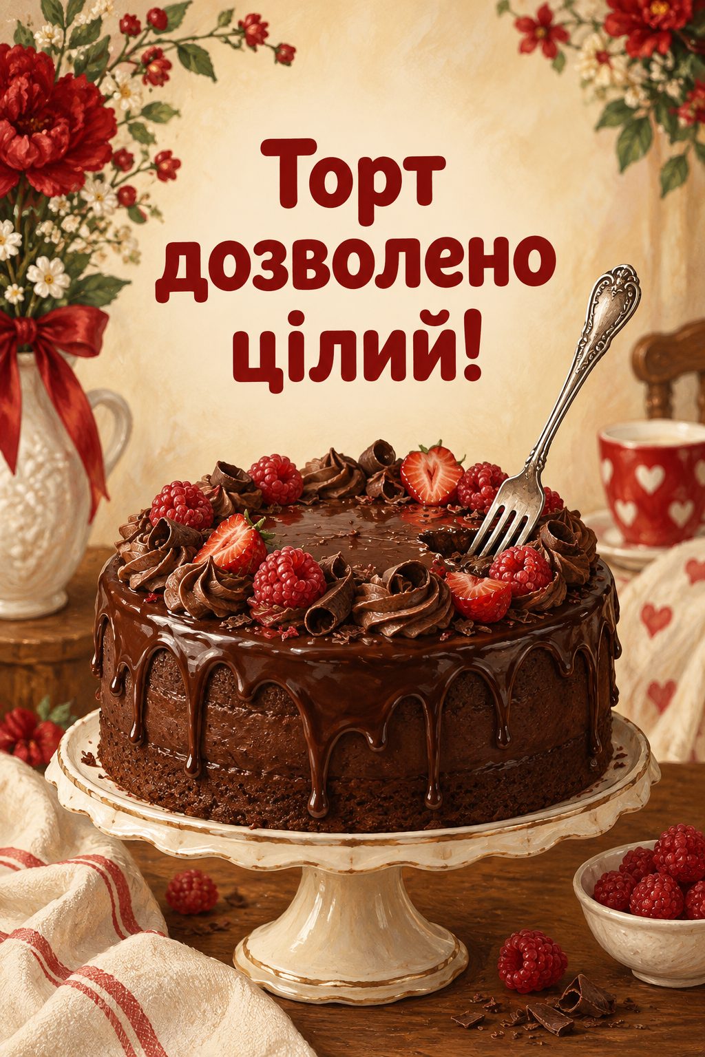 Листівка з 18-річчям: цілий шоколадний торт з однією виделкою, напис «Торт дозволено цілий!»