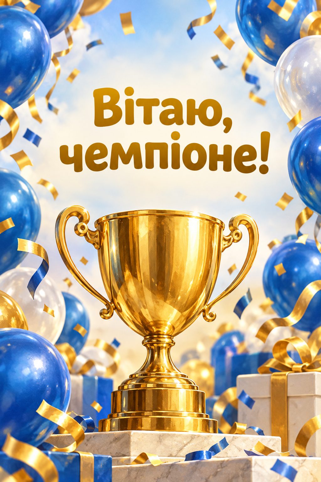 Листівка з 18-річчям: золотий кубок, конфеті й сині кульки, напис «Вітаю, чемпіоне!»