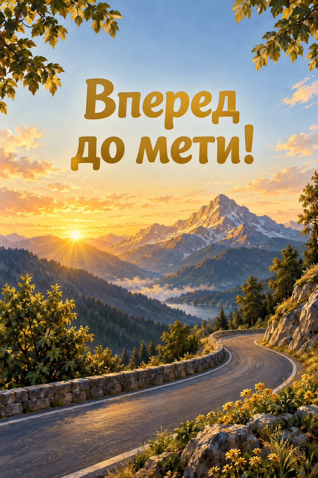 Листівка з 18-річчям: гірська дорога до вершини на світанку, напис «Вперед до мети!»
