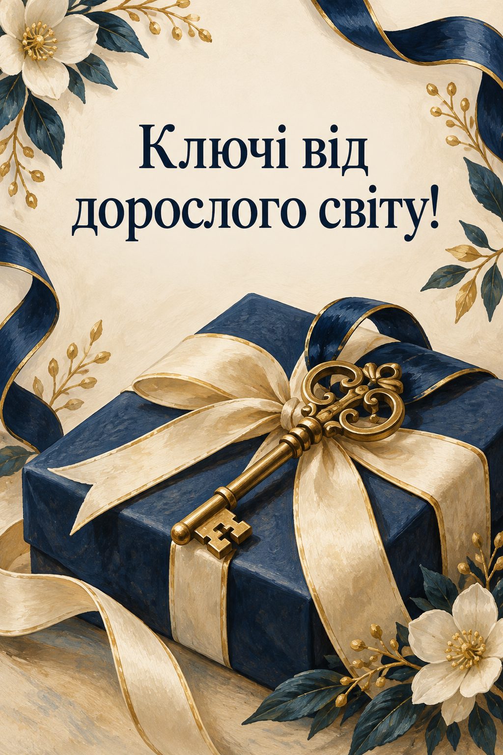 Листівка з 18-річчям: старовинний латунний ключ на стрічці й подарунок, напис «Ключі від дорослого світу!»
