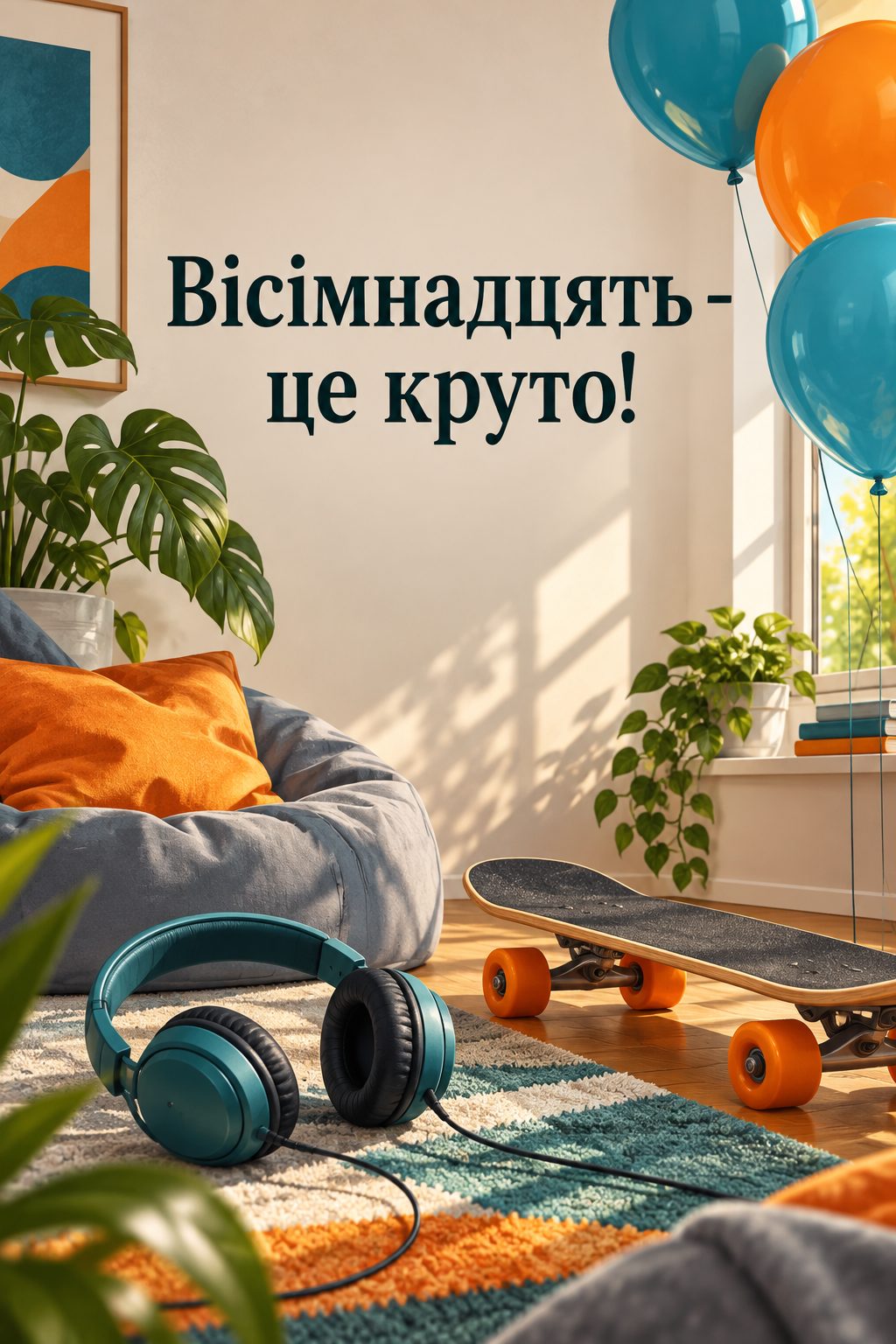 Листівка з 18-річчям: навушники, скейтборд і сині кульки, напис «Вісімнадцять - це круто!»