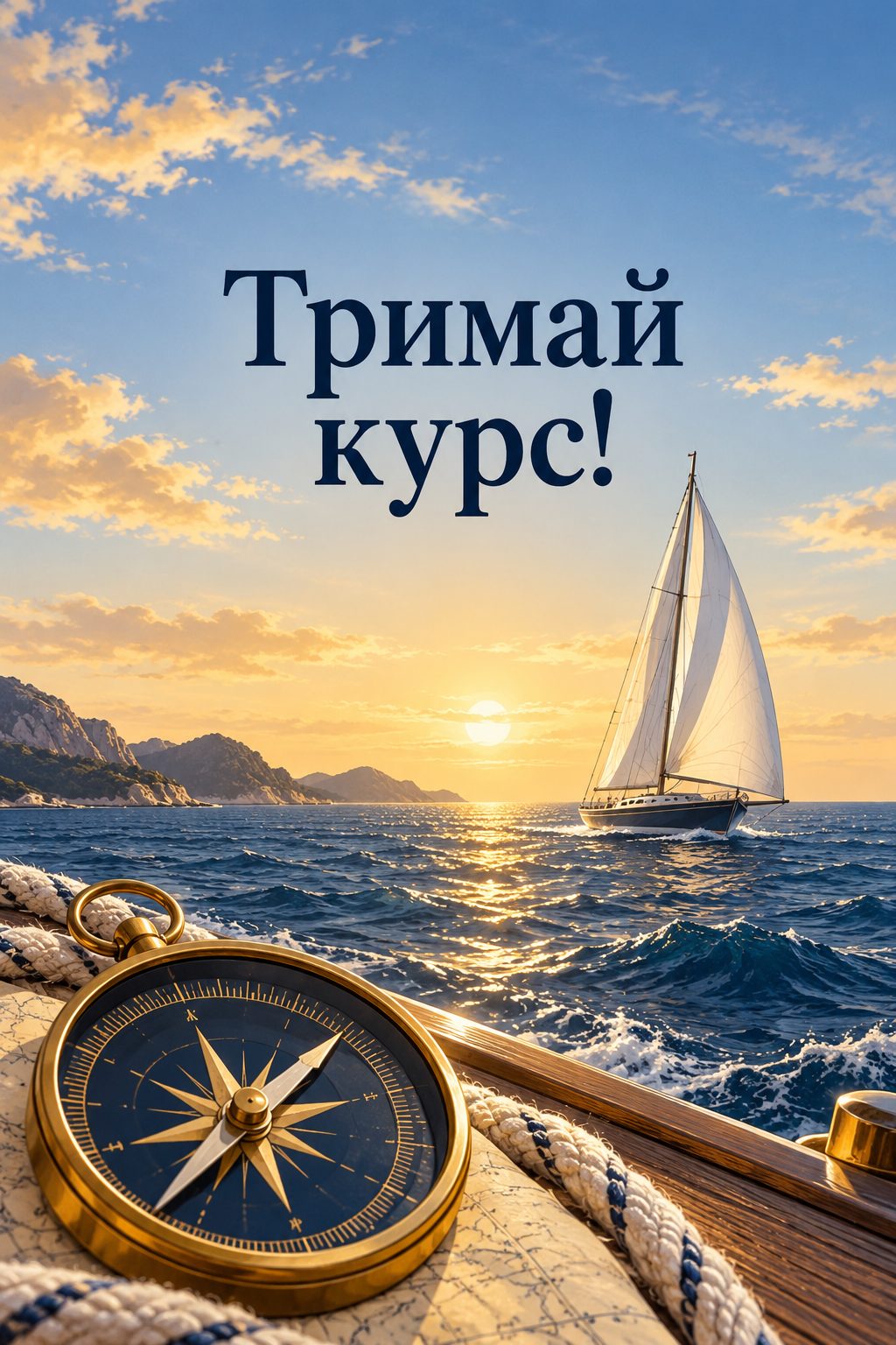 Листівка з 18-річчям: вітрильник у морі й компас, напис «Тримай курс!»