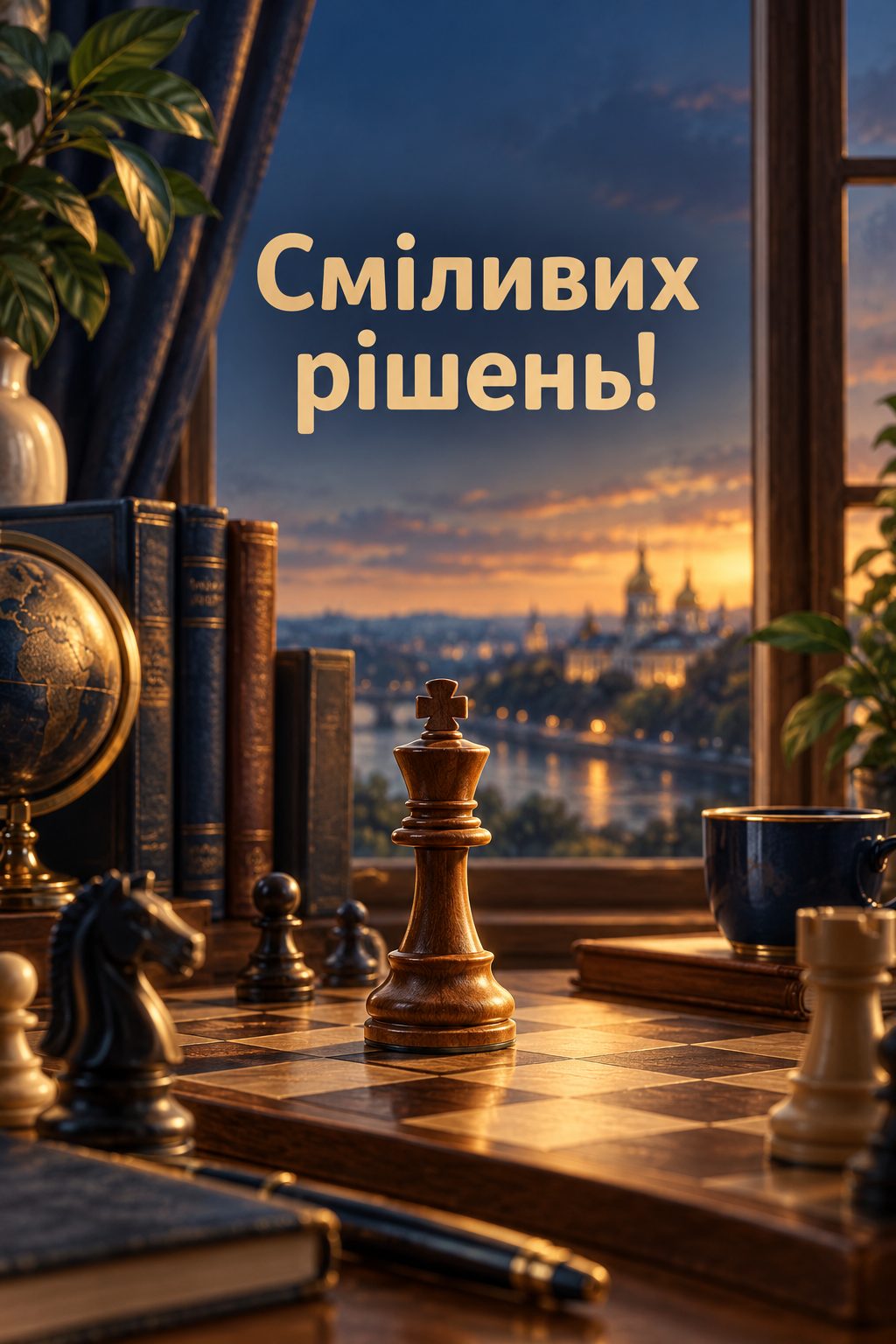 Листівка з 18-річчям: шахівниця з королем на столі біля вікна, напис «Сміливих рішень!»