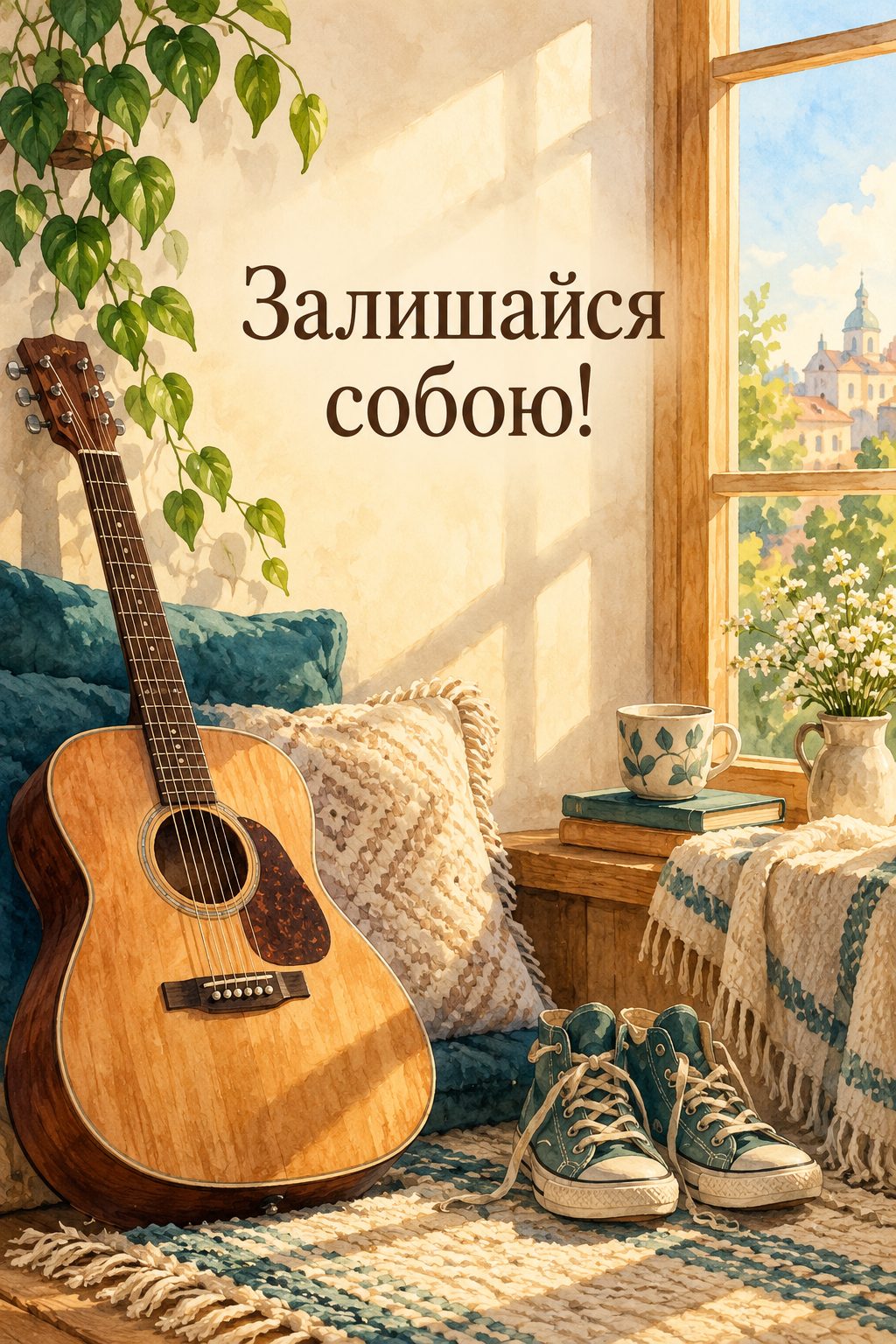 Листівка з 18-річчям: акустична гітара й кеди біля сонячного вікна, напис «Залишайся собою!»
