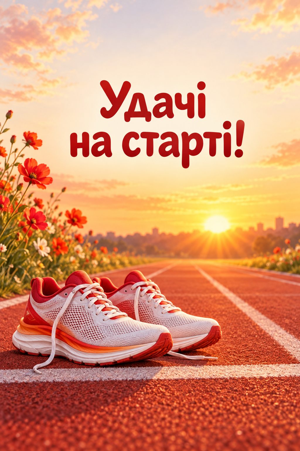 Листівка з 18-річчям: кросівки без логотипів на стартовій лінії, напис «Удачі на старті!»