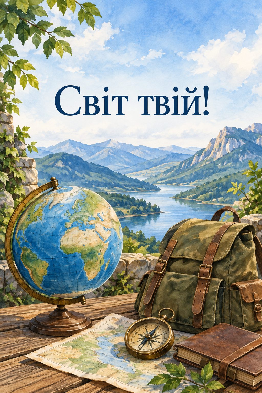 Листівка з 18-річчям: глобус, рюкзак і компас, напис «Світ твій!»