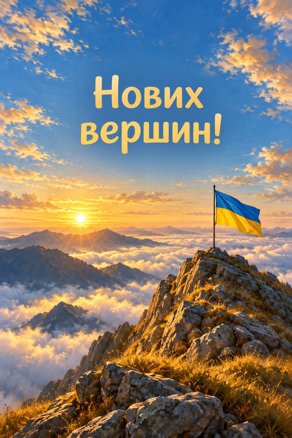Листівка з 18-річчям: гірська вершина над хмарами з прапорцем, напис «Нових вершин!»
