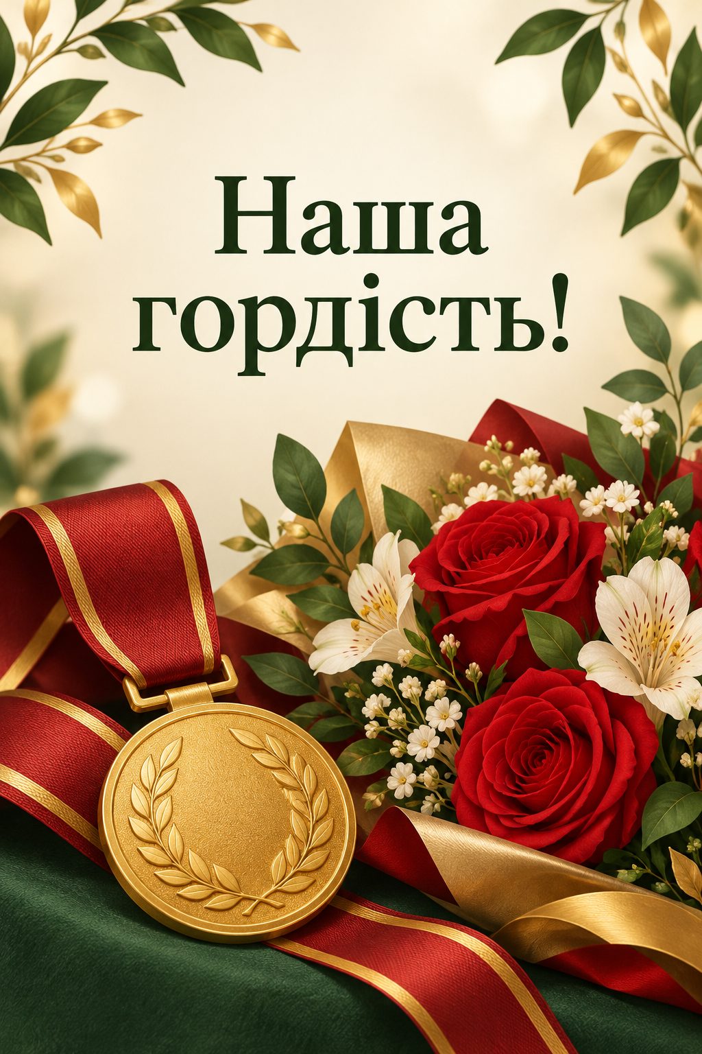 Листівка з 18-річчям: медаль на стрічці й букет квітів, напис «Наша гордість!»
