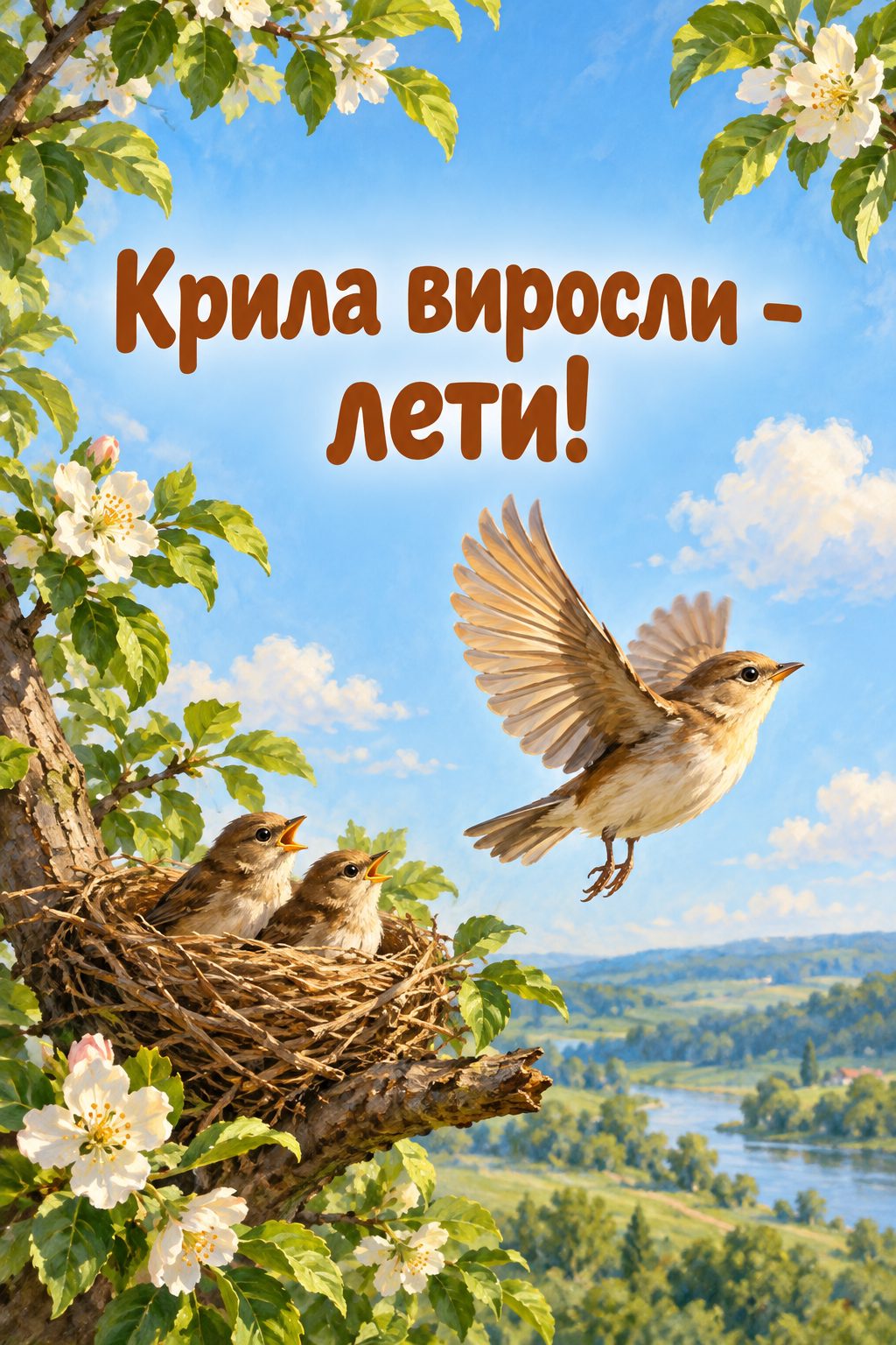 Листівка з 18-річчям: пташеня злітає з гілки, двоє птахів у гнізді, напис «Крила виросли - лети!»