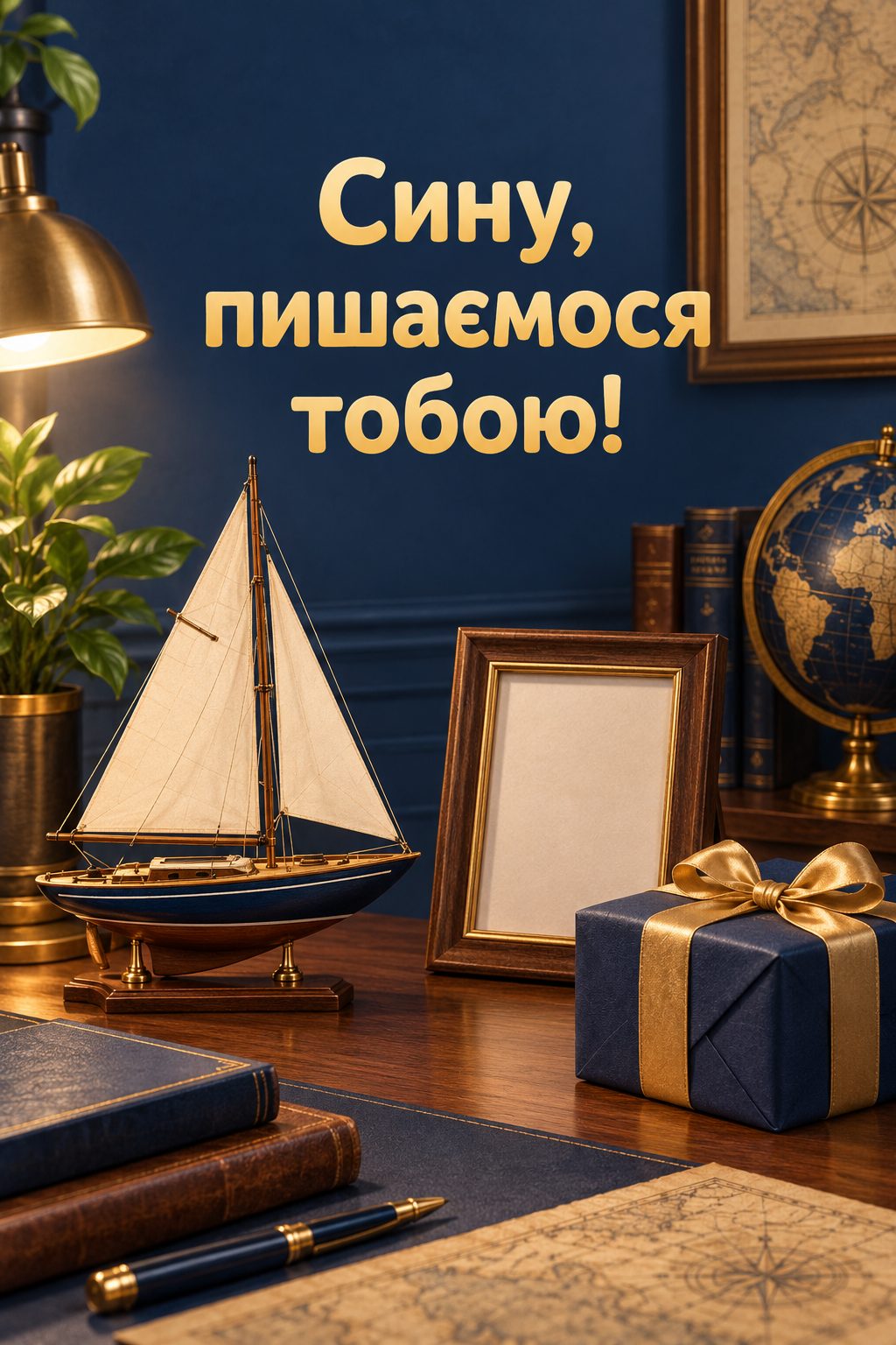 Листівка з 18-річчям: модель вітрильника, порожня рамка й подарунок, напис «Сину, пишаємося тобою!»