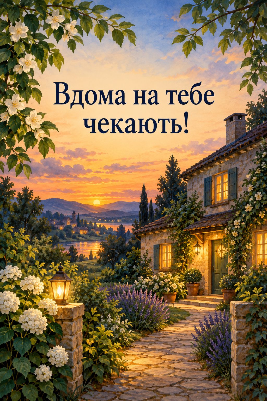 Листівка з 18-річчям: затишний будинок з освітленими вікнами й садовою стежкою, напис «Вдома на тебе чекають!»