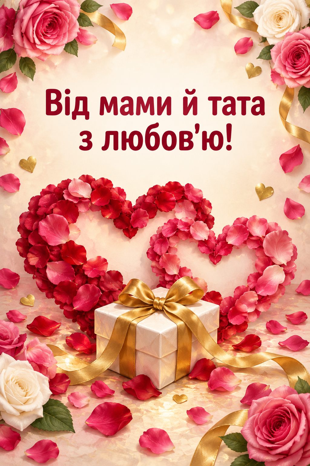 Листівка з 18-річчям: два серця з пелюсток троянд навколо подарунка, напис «Від мами й тата з любов'ю!»