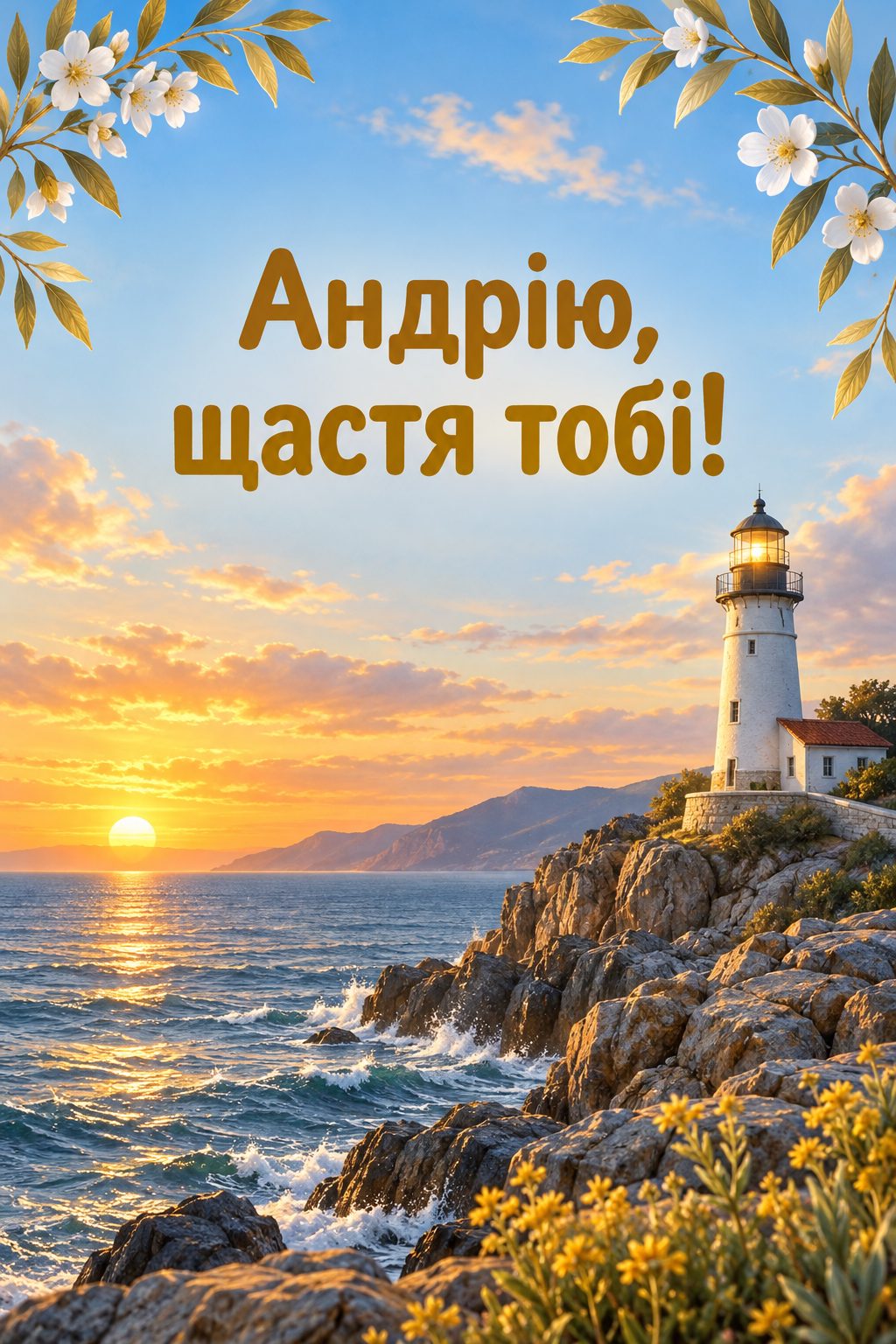 Листівка з Днем Андрія: маяк на скелястому березі на світанку, напис «Андрію, щастя тобі!»