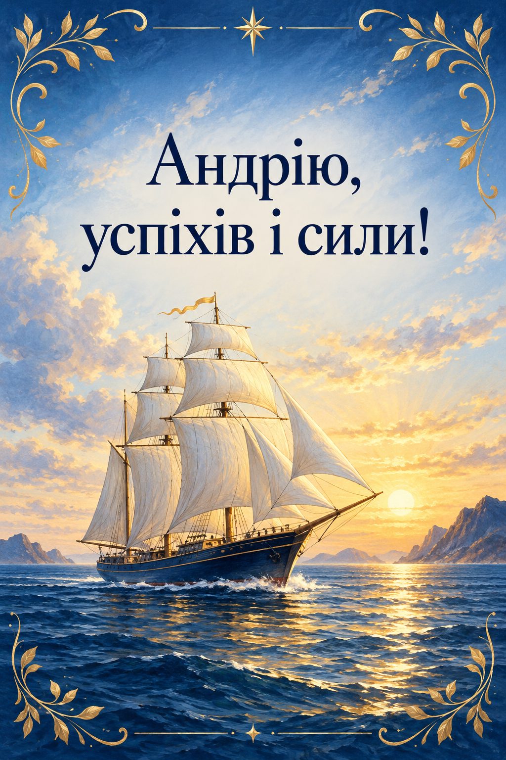Листівка з Днем Андрія: вітрильник із повними вітрилами у спокійному морі, напис «Андрію, успіхів і сили!»