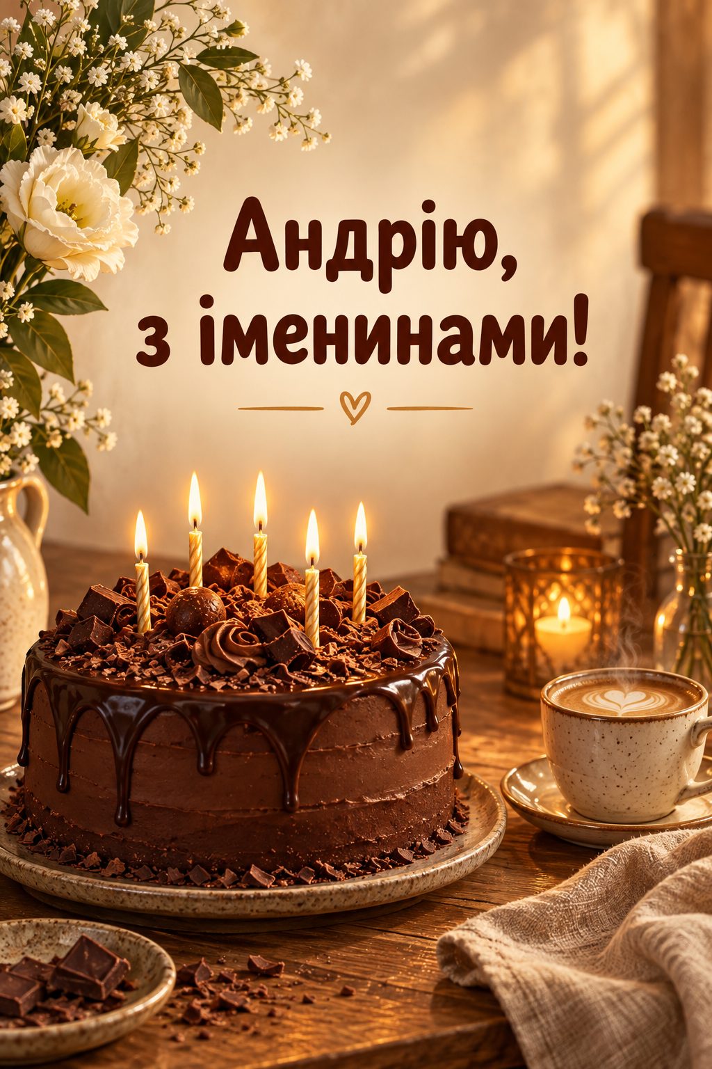 Листівка з Днем Андрія: шоколадний торт зі свічками й чашка кави, напис «Андрію, з іменинами!»