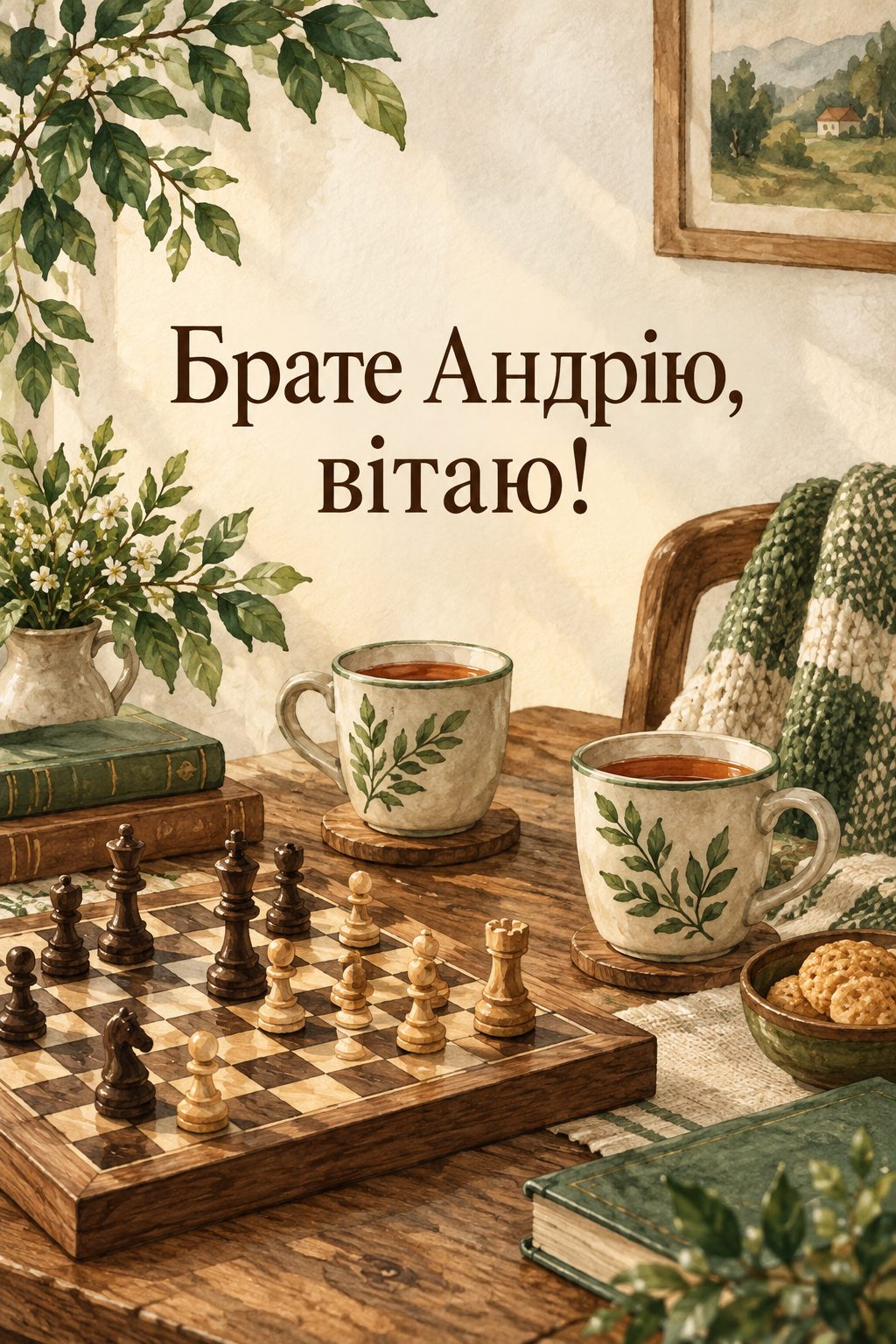 Листівка з Днем Андрія: дві чашки чаю й шахівниця на столі, напис «Брате Андрію, вітаю!»