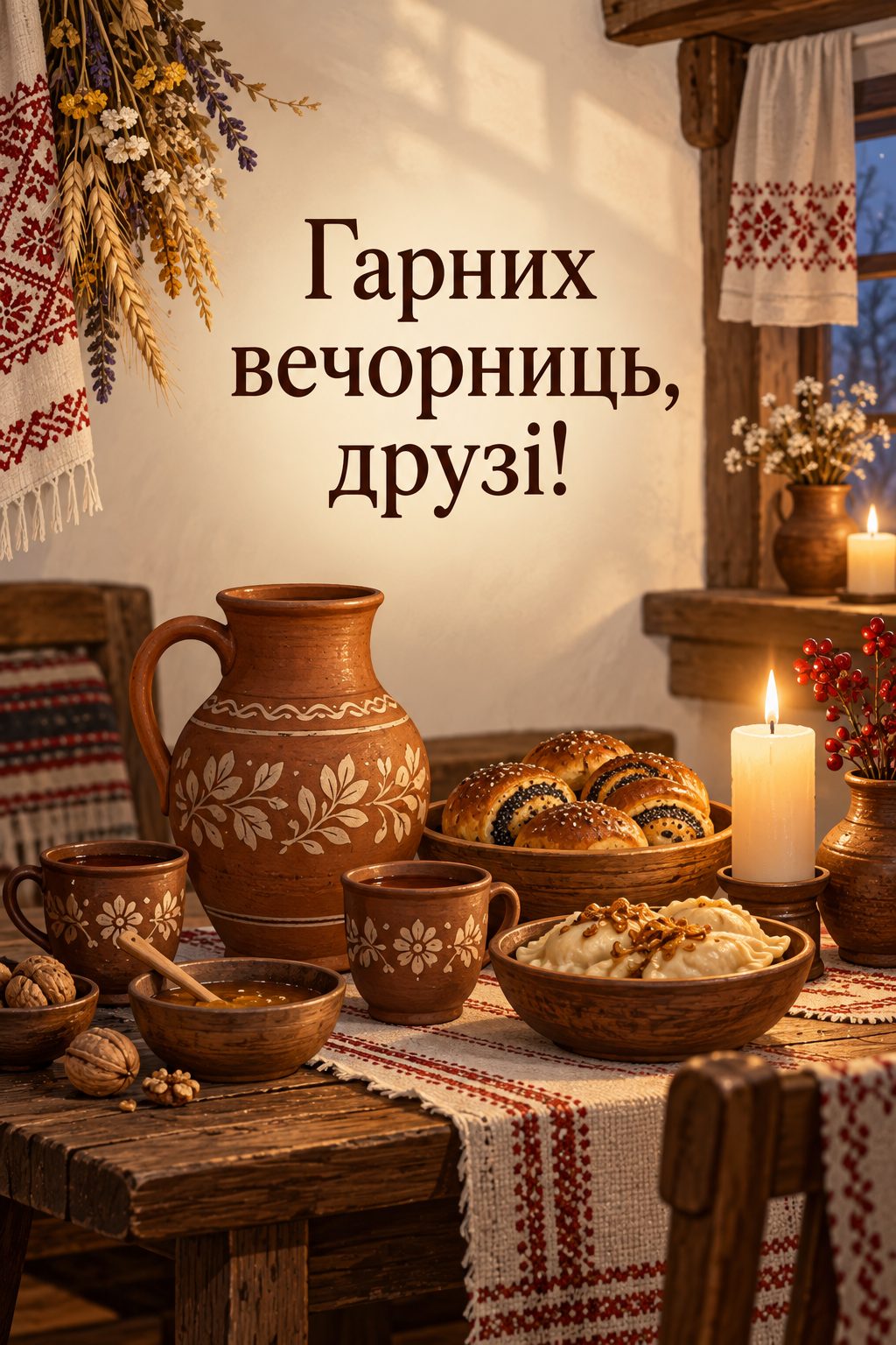 Листівка з Днем Андрія: стіл із глечиком, чашками, пирогами й свічками в хаті, напис «Гарних вечорниць, друзі!»