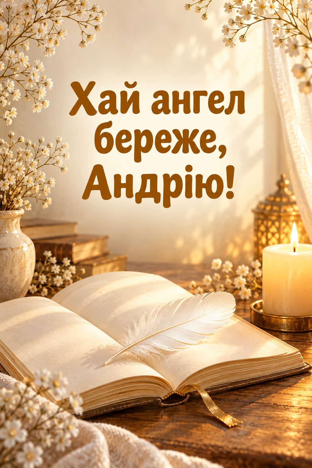 Листівка з Днем Андрія: біле перо на розгорнутій книжці біля свічки, напис «Хай ангел береже, Андрію!»