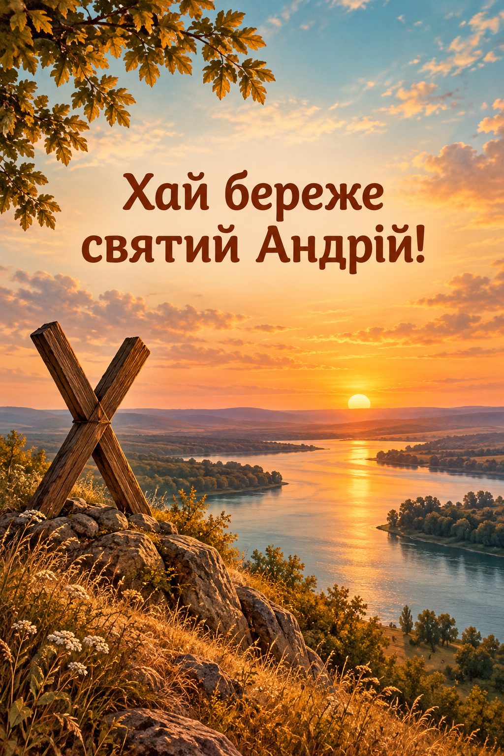 Листівка з Днем Андрія: дерев'яний андріївський хрест на пагорбі над річкою, напис «Хай береже святий Андрій!»