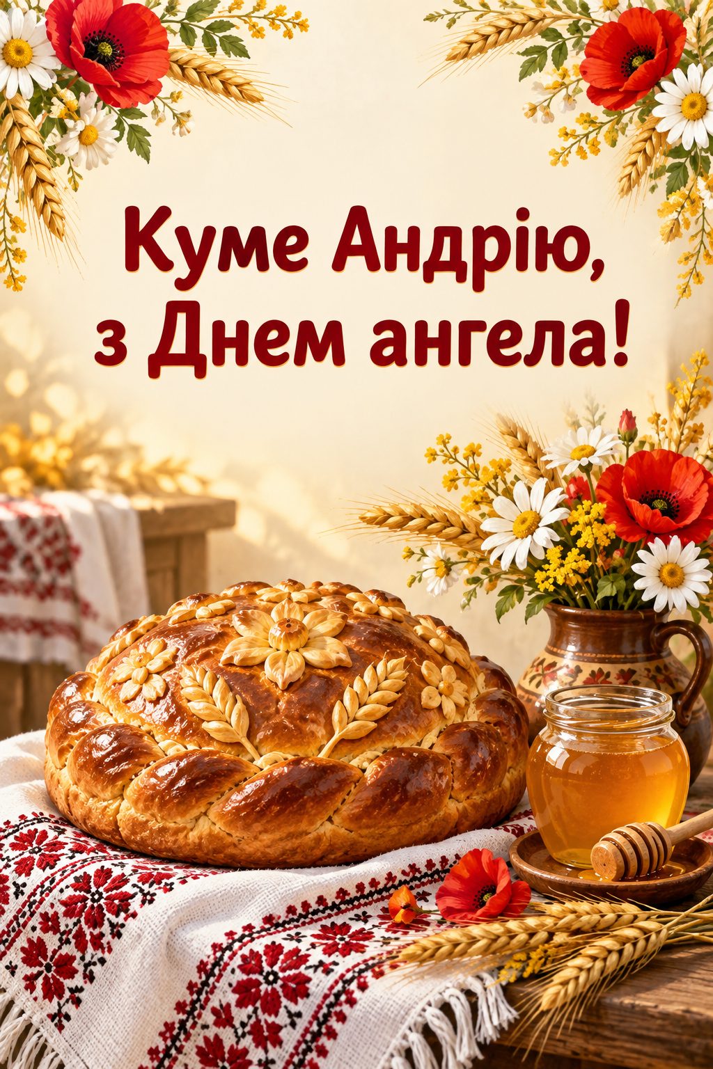 Листівка з Днем Андрія: коровай на вишитому рушнику й слоїк меду, напис «Куме Андрію, з Днем ангела!»