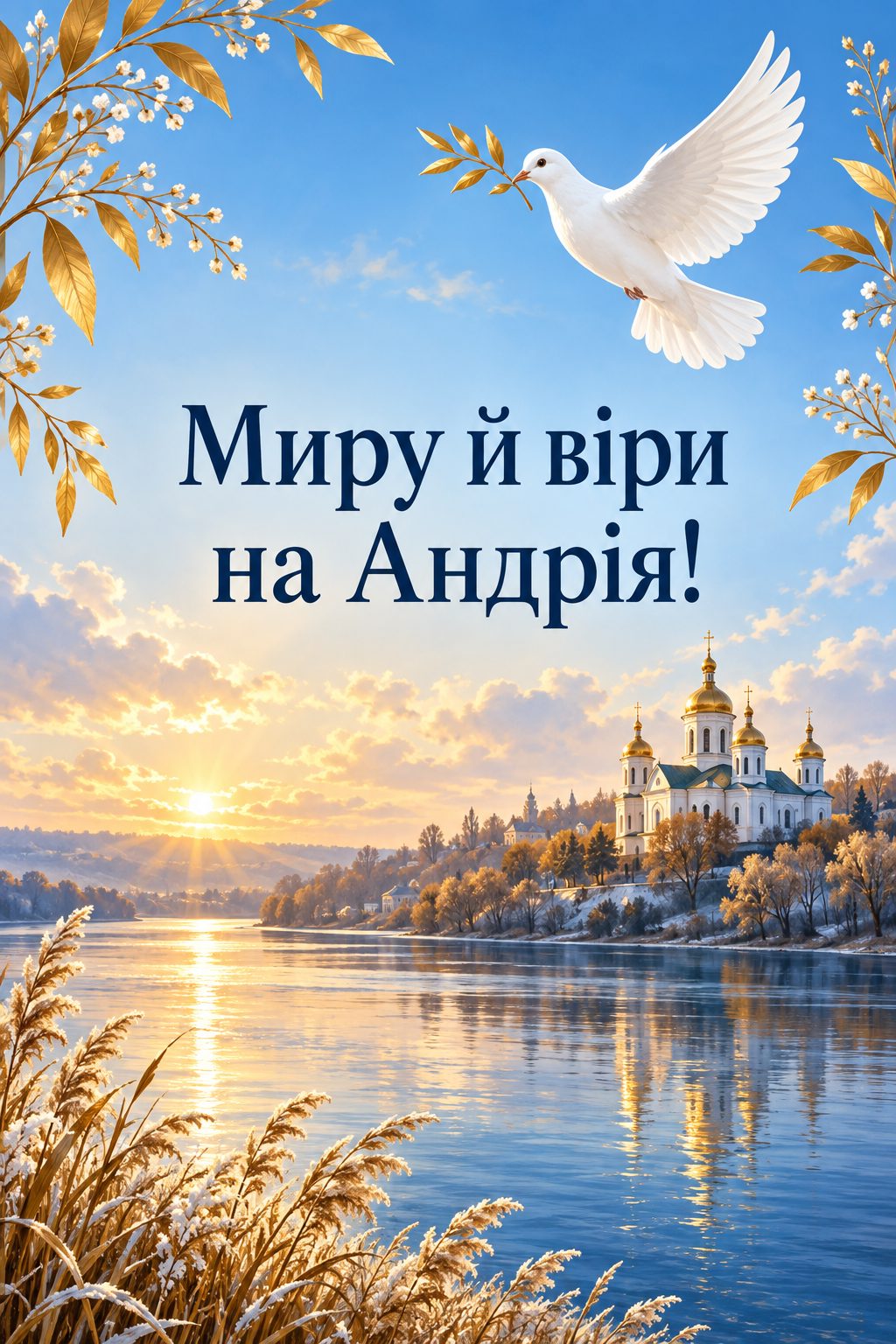 Листівка з Днем Андрія: білий голуб над річкою, на тому березі храм, напис «Миру й віри на Андрія!»