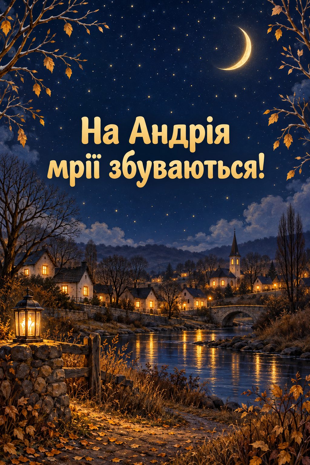 Листівка з Днем Андрія: зоряне небо над селом із вогниками у вікнах, напис «На Андрія мрії збуваються!»
