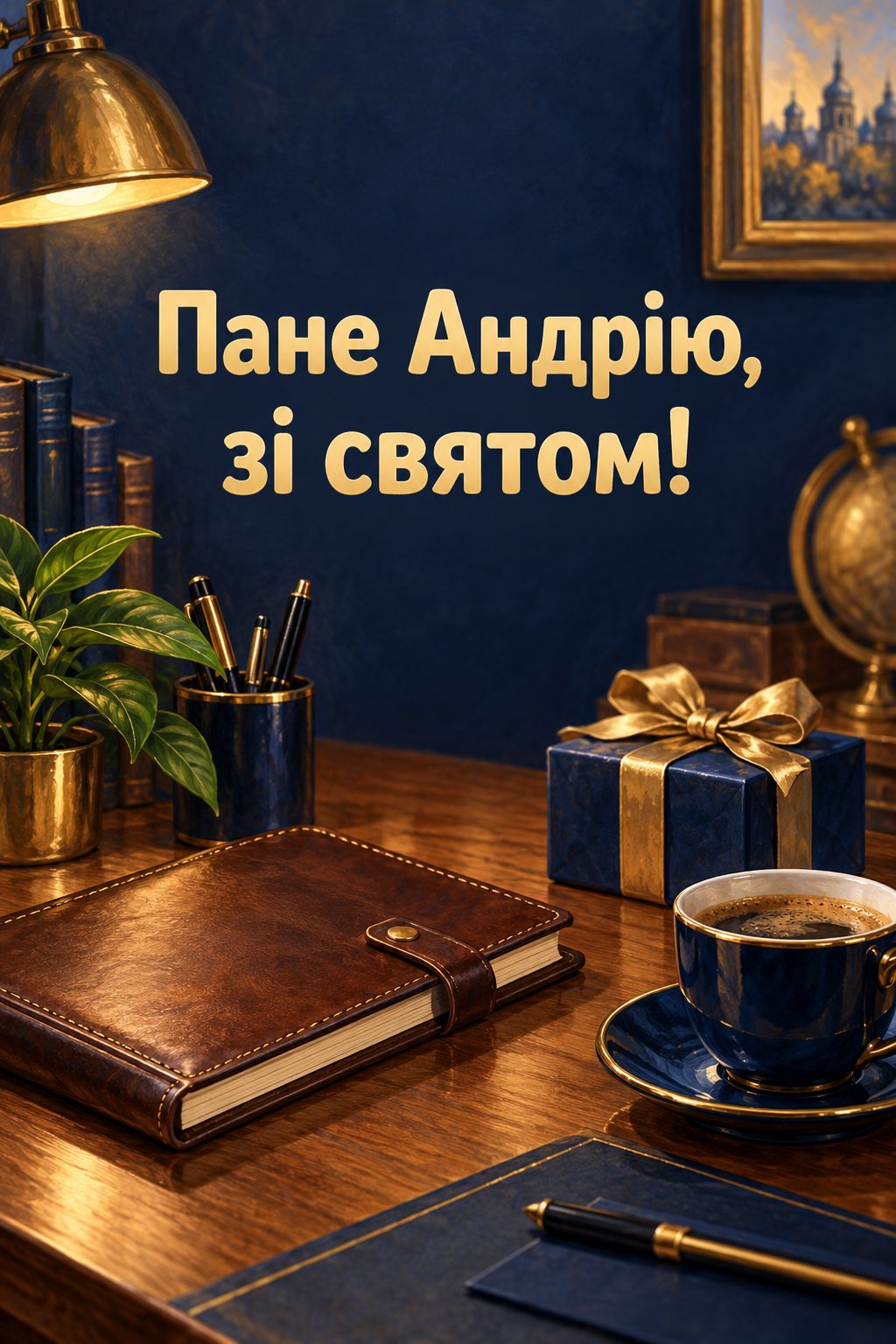 Листівка з Днем Андрія: робочий стіл зі шкіряним записником, кавою й подарунком, напис «Пане Андрію, зі святом!»