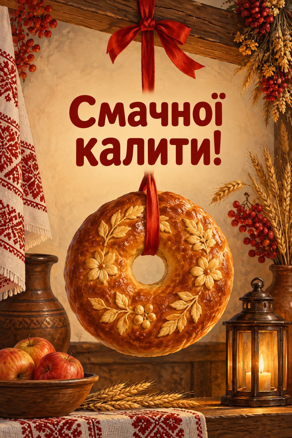 Листівка з Днем Андрія: калита, обрядовий корж із діркою, на червоній стрічці під сволоком, напис «Смачної калити!»