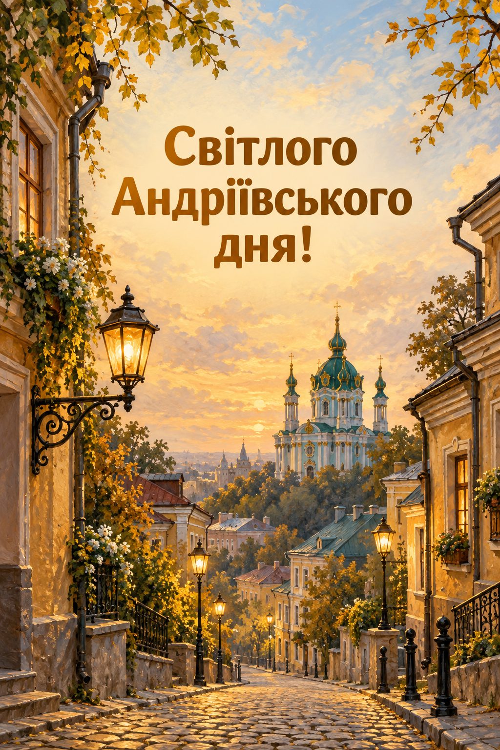 Листівка з Днем Андрія: брукований узвіз між старими будинками до храму із зеленими банями, напис «Світлого Андріївського дня!»