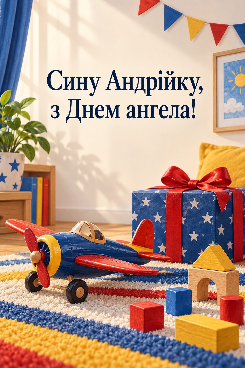 Листівка з Днем Андрія: модель літака, кубики й подарунок на килимку, напис «Сину Андрійку, з Днем ангела!»
