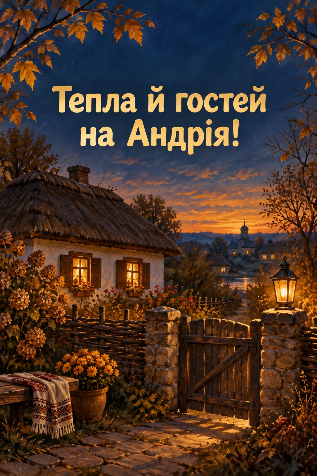 Листівка з Днем Андрія: сільська хата з освітленими вікнами й ліхтар біля хвіртки, напис «Тепла й гостей на Андрія!»