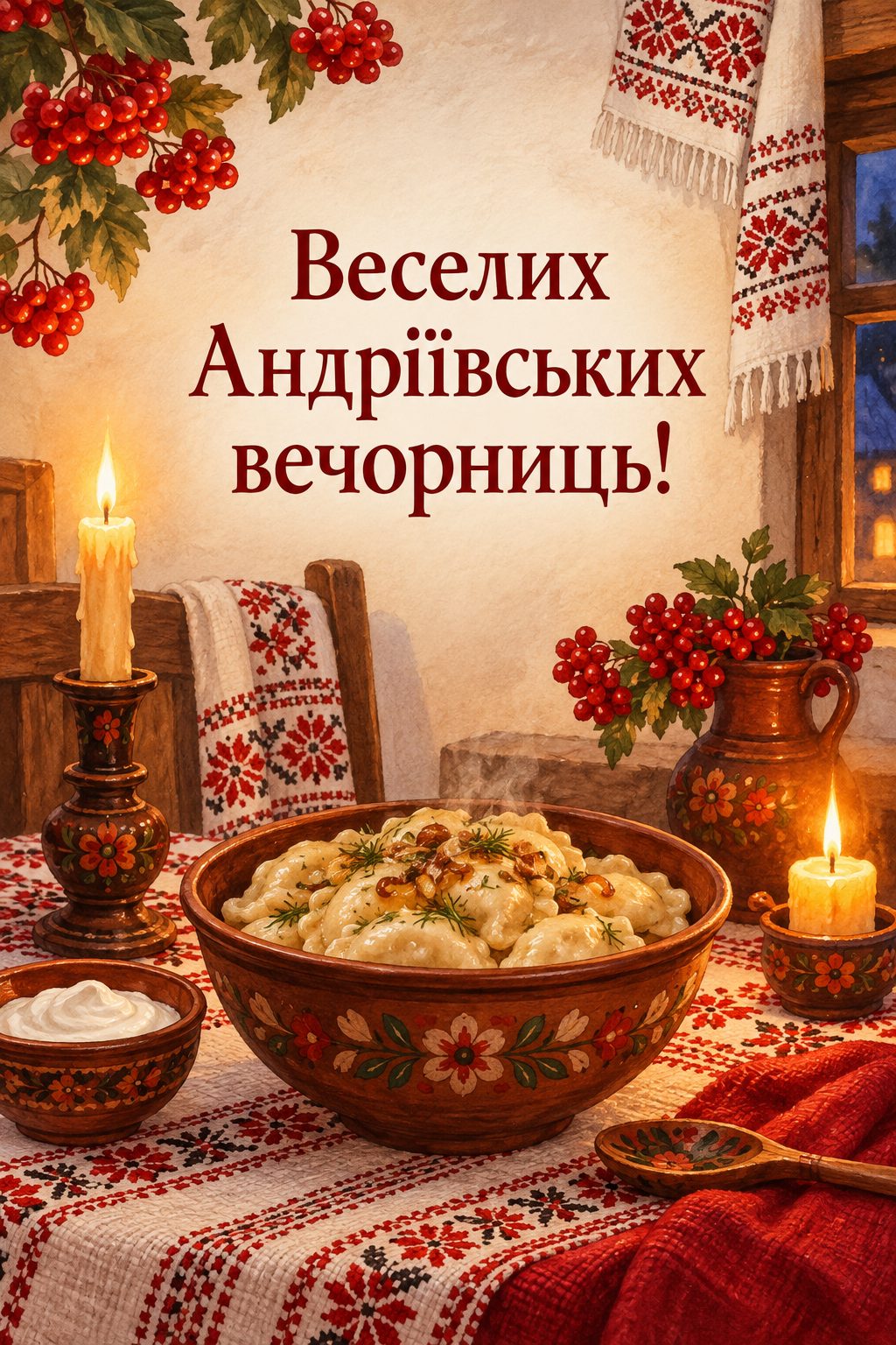 Листівка з Днем Андрія: святковий стіл у хаті: вареники в макітрі, свічки й рушники, напис «Веселих Андріївських вечорниць!»