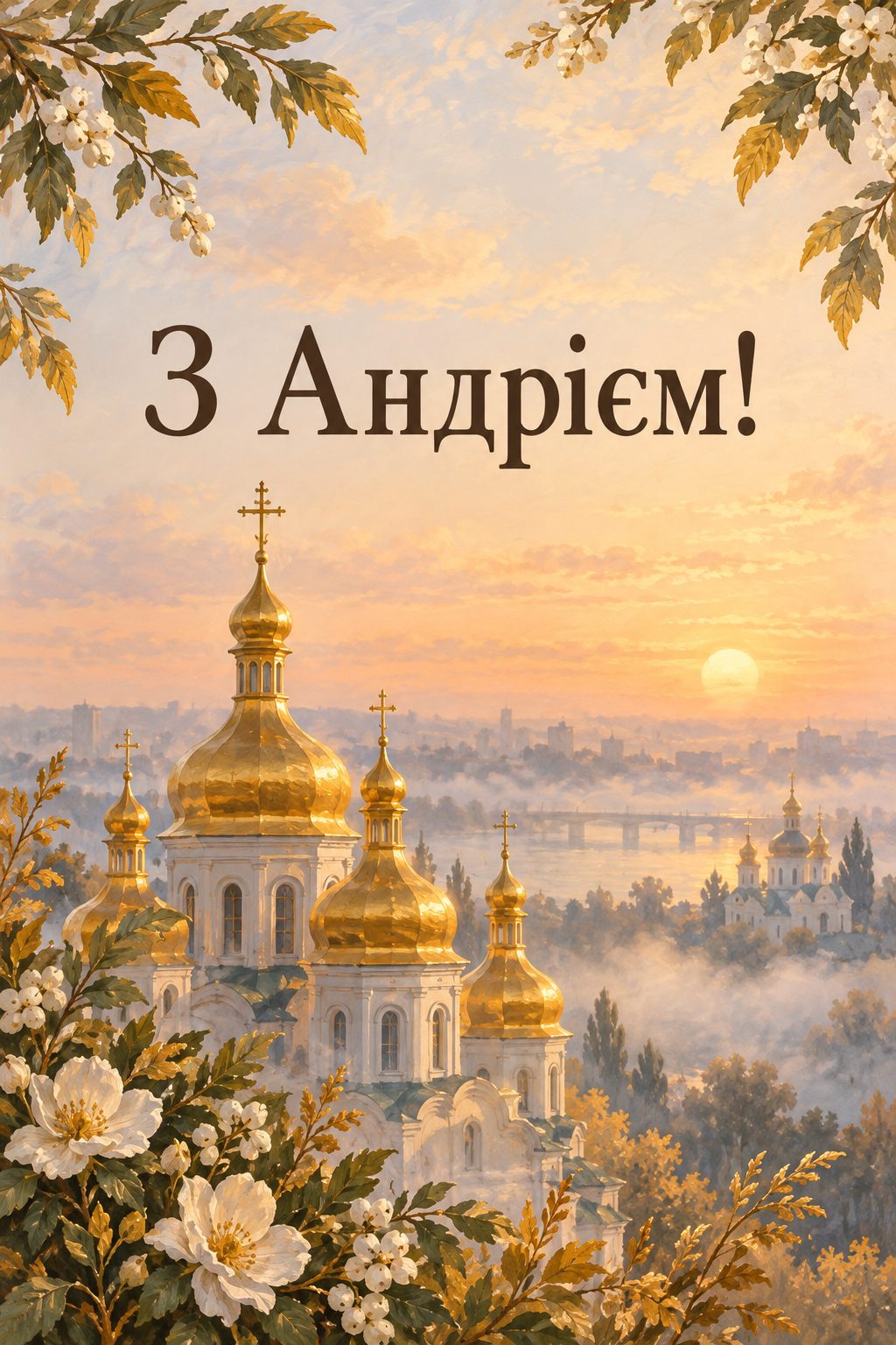 Листівка з Днем Андрія: золоті бані з хрестами в ранковому тумані, напис «З Андрієм!»