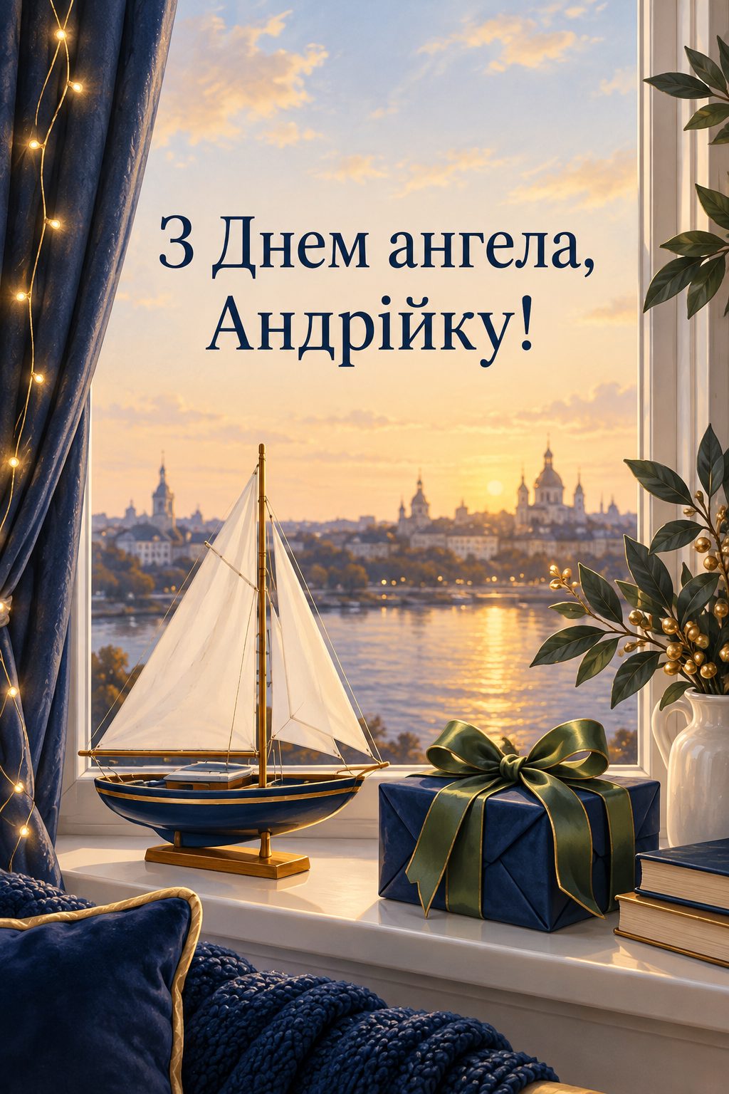Листівка з Днем Андрія: іграшковий вітрильник і подарунок на підвіконні, напис «З Днем ангела, Андрійку!»