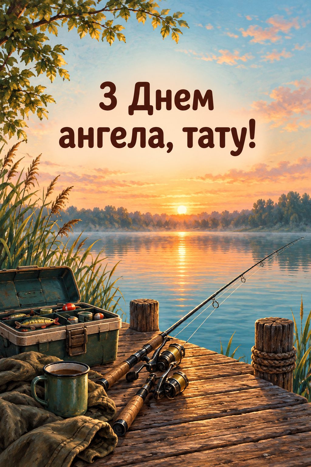 Листівка з Днем Андрія: вудки й ящик для снастей на дерев'яному причалі, напис «З Днем ангела, тату!»