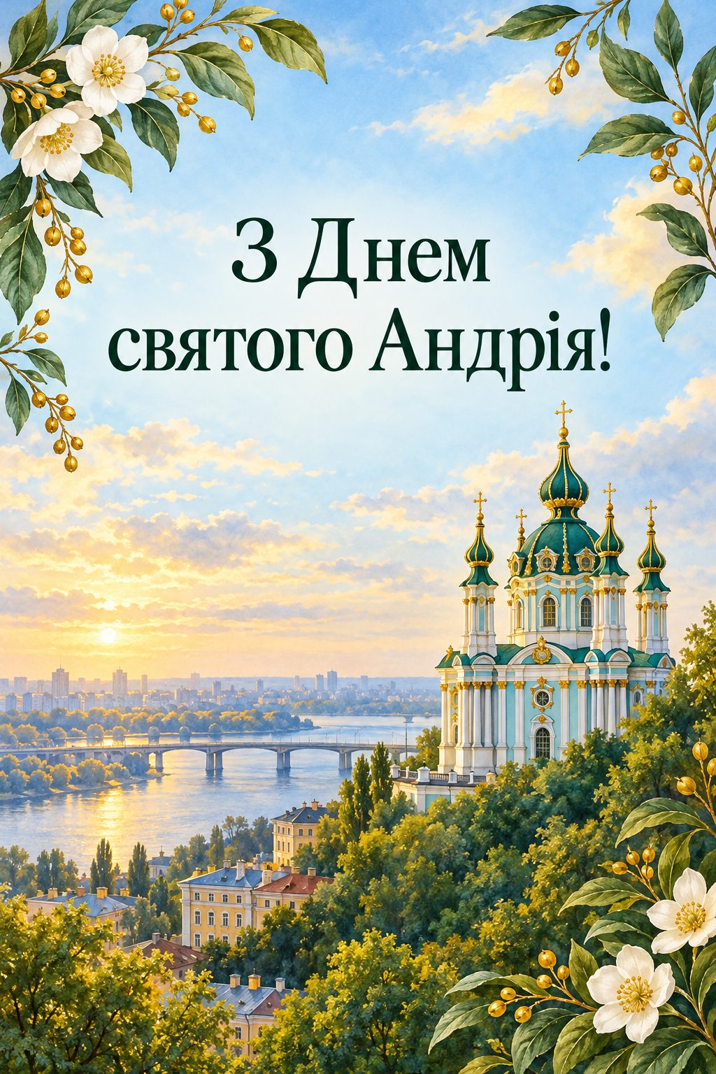 Листівка з Днем Андрія: бароковий храм із зеленими й золотими банями на пагорбі над річкою, напис «З Днем святого Андрія!»