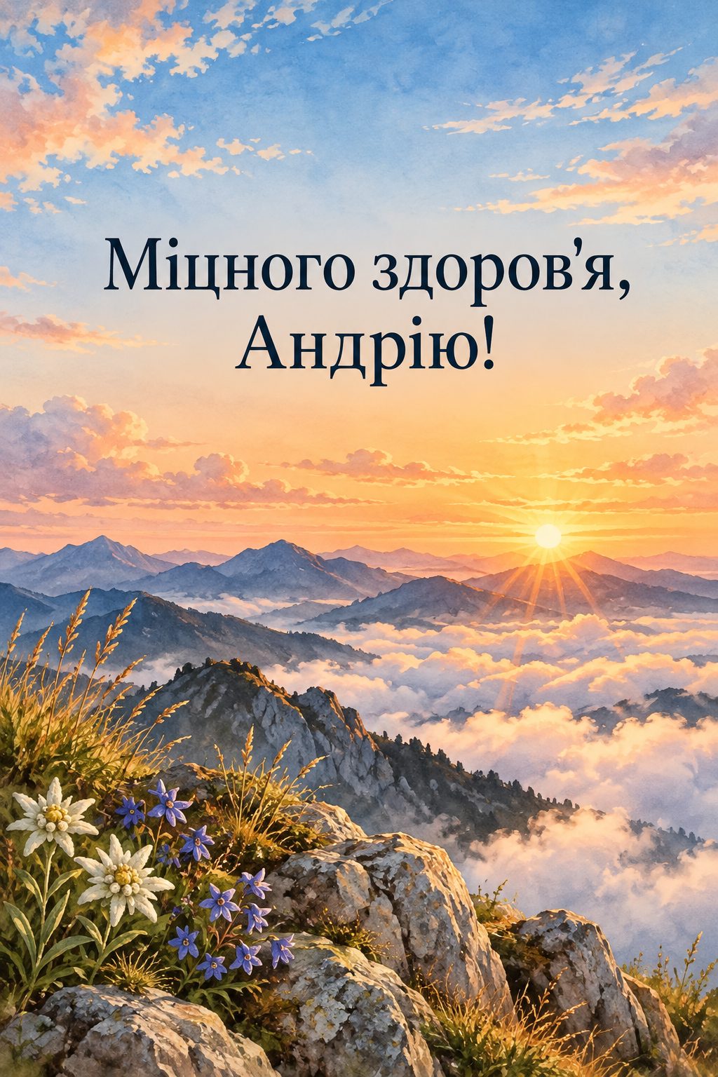 Листівка з Днем Андрія: гірська вершина над хмарами на світанку, напис «Міцного здоров'я, Андрію!»