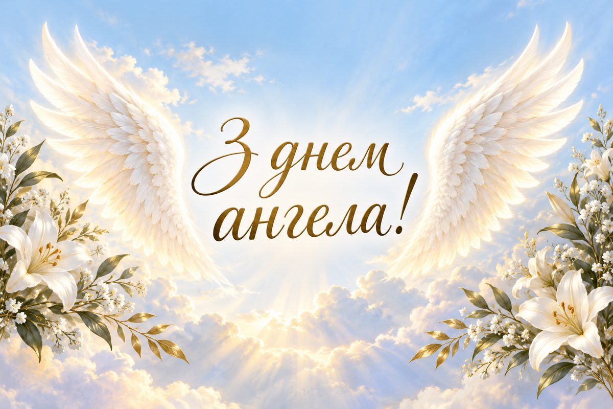Листівка з днем ангела: ангельські крила зі світла, напис «З днем ангела!»