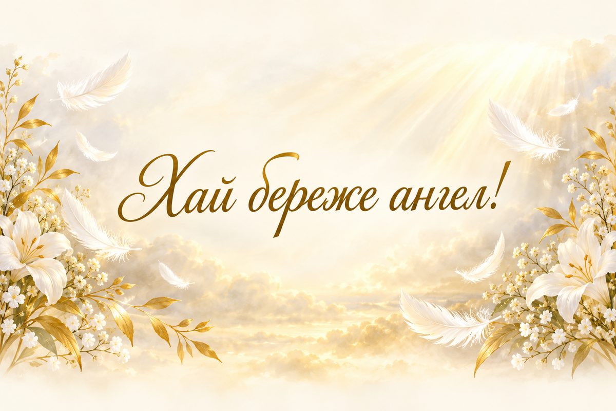 Листівка з днем ангела: біле пірʼя в золотому світлі, напис «Хай береже ангел!»