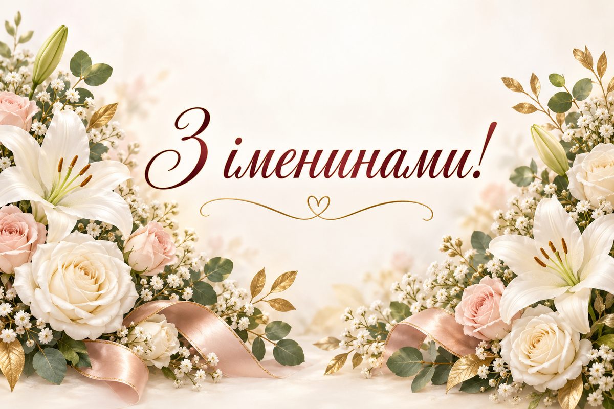 Листівка з днем ангела: білі троянди й лілії, напис «З іменинами!»