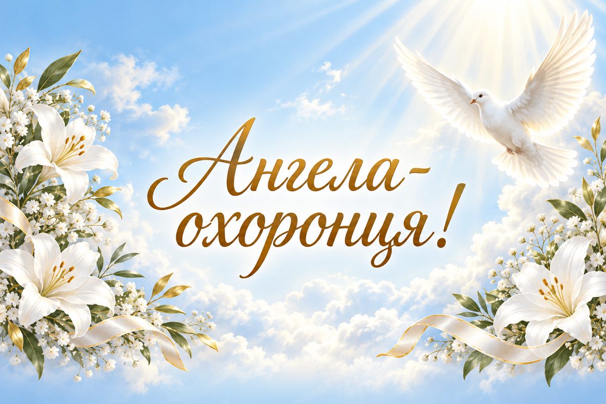 Листівка з днем ангела: білий голуб у світлі, напис «Ангела-охоронця!»
