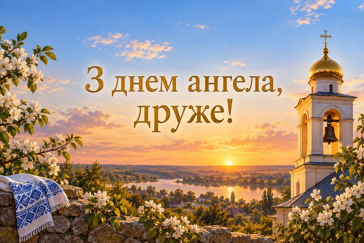 Листівка з днем ангела: сільська дзвіниця на заході сонця, напис «З днем ангела, друже!»