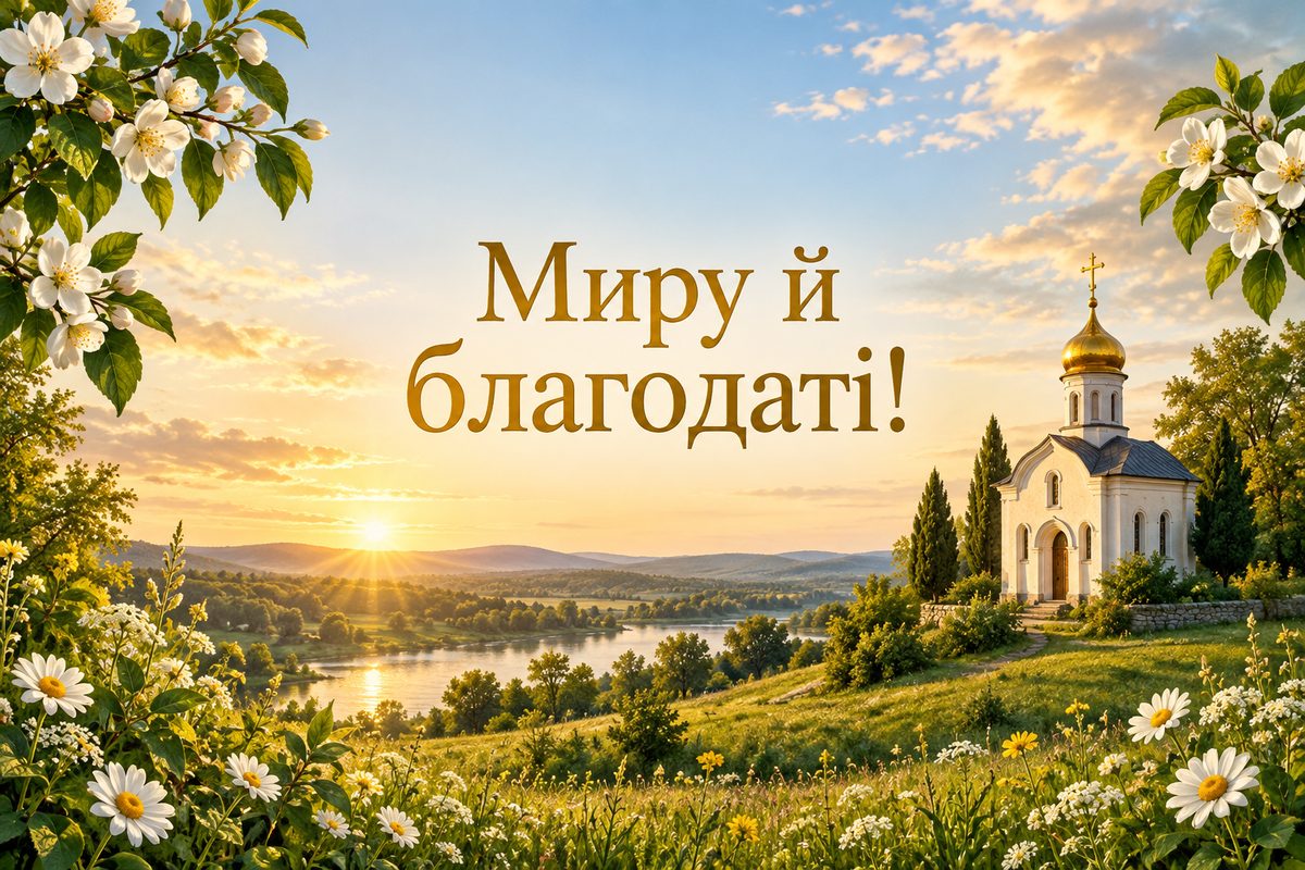 Листівка з днем ангела: біла каплиця на лузі, напис «Миру й благодаті!»