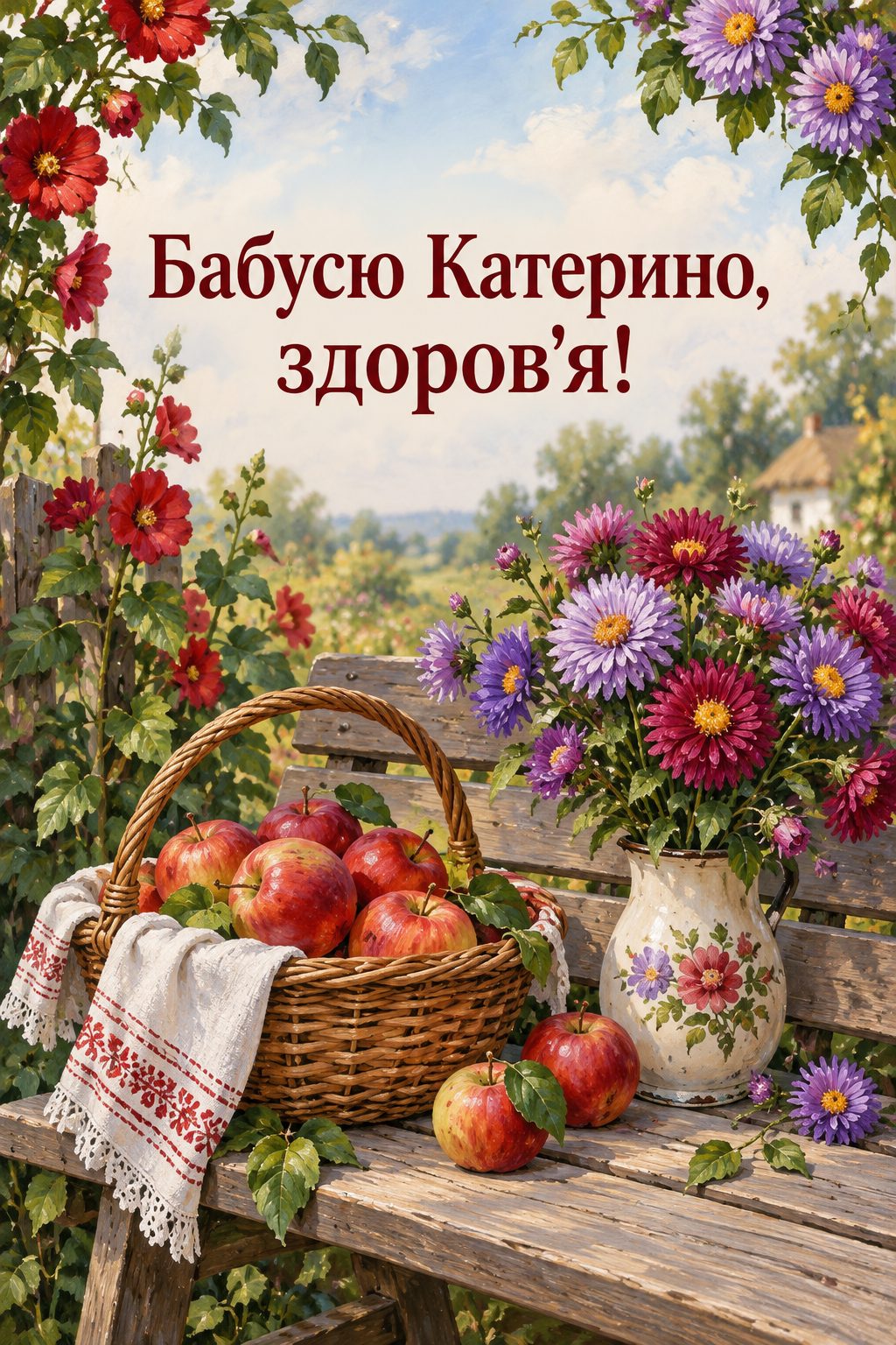 Листівка з Днем ангела Катерини: кошик яблук і букет айстр на садовій лавці, напис «Бабусю Катерино, здоров'я!»