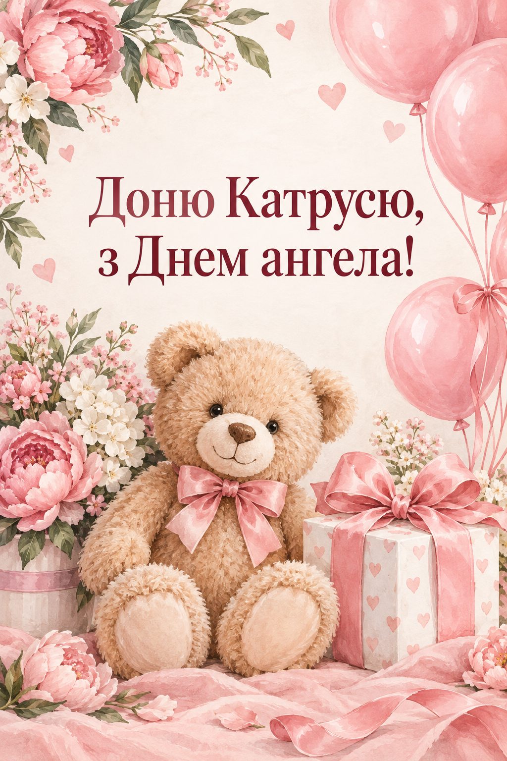 Листівка з Днем ангела Катерини: плюшевий ведмедик біля подарунка й рожевих кульок, напис «Доню Катрусю, з Днем ангела!»