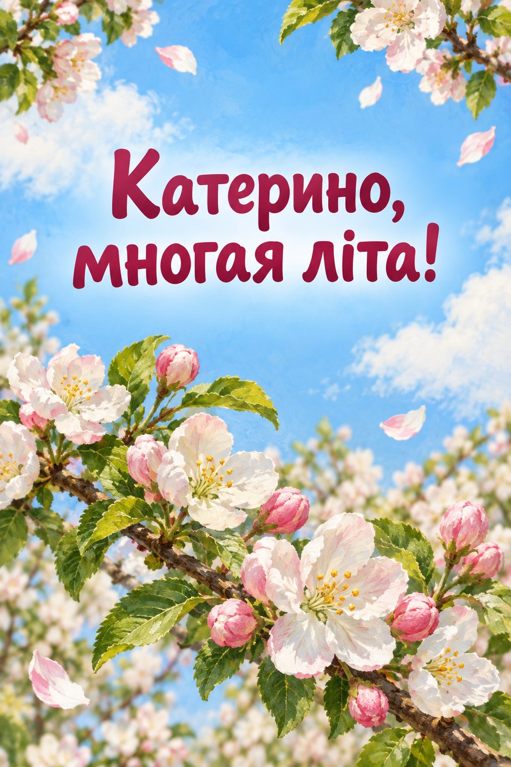 Листівка з Днем ангела Катерини: квітуча гілка яблуні на тлі неба, напис «Катерино, многая літа!»